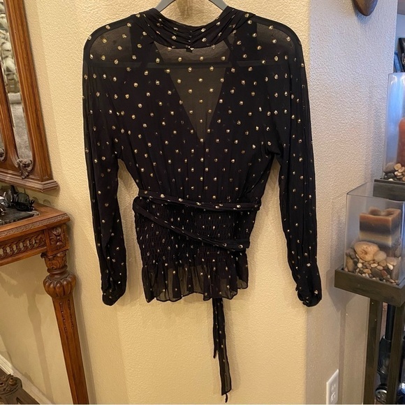 ABS Women Black Sheer Gold Metallic Polka Dot Silk Blend Tie Waist Top-Medium - Picture 4 of 8